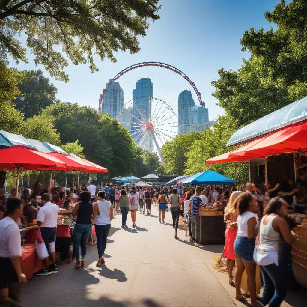 A vibrant street scene in Atlanta featuring diverse couples engaging in various activities: enjoying live music at a park, strolling through the historic neighborhoods hand-in-hand, and savoring local cuisine at a lively food truck gathering. The background should showcase iconic Atlanta landmarks like the SkyView Ferris wheel and lush greenery. The atmosphere should feel warm, inviting, and full of love. super-realistic. vibrant colors. dynamic composition.