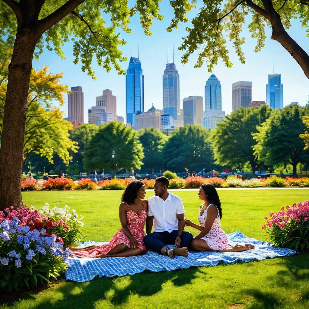 A vibrant, romantic scene showcasing a couple enjoying a sunny day in a lush Atlanta park, surrounded by blooming flowers and the iconic skyline in the background. Include elements of community, such as diverse friends picnicking nearby, with warm sunlight filtering through the trees. Capture the essence of love and connection in an urban setting. super-realistic. vibrant colors. 3D.